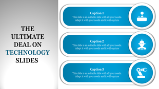 A PowerPoint slide with three sections, each featuring an icon representing technology with placeholder text.