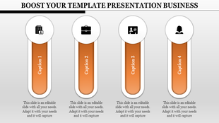Four vertical orange elements capped with circular icons for business, user-related themes and caption areas.