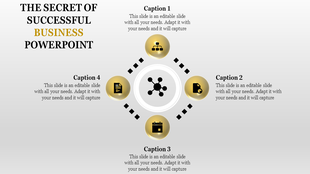 Business PPT slide with four icons representing business concepts each with numbered captions.