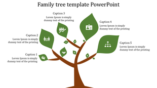 Family tree PowerPoint template with branches, leaves, and icons representing various family relationships.