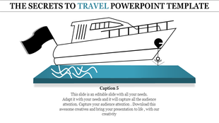 Travel template featuring a black and white boat illustration on a blue platform with a waving flag.