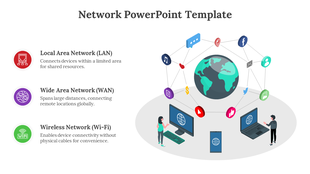 Diagram showcasing LAN, WAN, and Wi-Fi networks, with icons and a globe surrounded by interconnected devices and symbols.