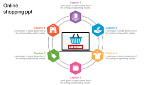 Circular layout with a laptop showing a shopping cart, surrounded by hexagonal icons for online shopping activities.