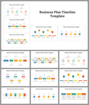 Multiple business slides displaying horizontal and vertical timelines with icons, steps, and color coded designs.