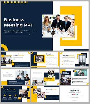 Business meeting slide deck with structured layouts in navy and yellow, covering updates, planning, and customer relations.