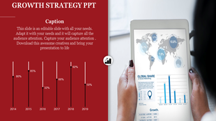 Growth strategy PowerPoint slide featuring a bar graph, a global share map, and data trends displayed on a tablet.
