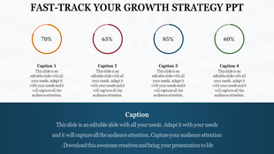 Growth strategy slide with four circular percentage visuals in orange, red, blue, and green, and descriptive captions below.