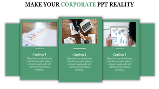 Corporate layout with three images in green framed sections showing business charts, meetings, and collaborative work.