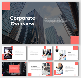 Corporate PowerPoint with slides showcasing company overview, vision, mission, team management, and achievements.