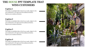 House themed PowerPoint template showing a beautiful house exterior and garden, with four caption sections.