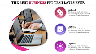 Business PowerPoint template featuring icons for data analysis, writing, and network systems along with a laptop and charts.