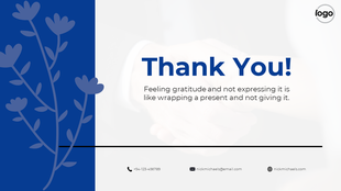 Thank You slide with a blue floral design on the left, a thank you message, contact details, and a logo in the top.