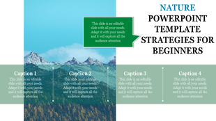 Nature themed slide featuring a mountain landscape background, four green caption boxes, and a central arrow-shaped text box.