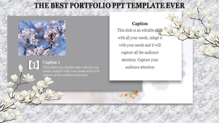 Slide with a marble textured background, showing a cherry blossom photo, and white floral decorations framing caption areas.