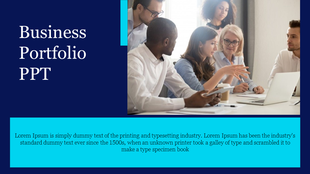 Business slide with a group of professionals in discussion, featuring a navy blue background, and a turquoise text section.