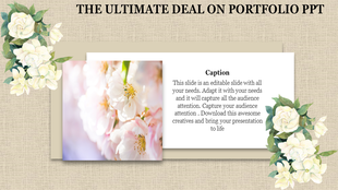 Portfolio slide with a beige background, featuring floral decorations, and a photo of white flowers next to a caption area.