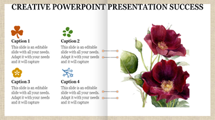 Creative slide featuring four captions with floral icons and a watercolor illustration of red flowers on the right.