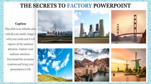 Factory themed slide with images of industrial sites, wind turbines, and bridges, and a caption section.