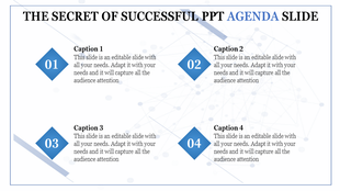 PowerPoint agenda slide with four blue numbered sections, each containing a caption with placeholder text.