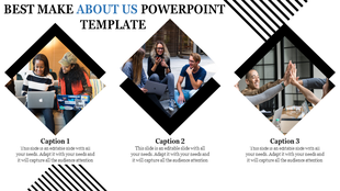 About Us slide with three sections for company information and captions with placeholder text.