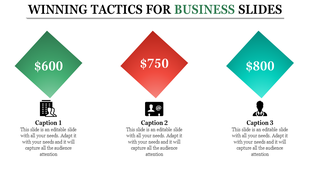 Business slide with three diamond shapes displaying amounts in green, red, and blue gradients, with icons and captions.