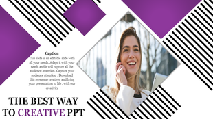 Creative slide layout with a central diamond-shaped photo surrounded by purple and black striped patterns.
