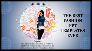 Fashion PowerPoint template with a vibrant model photo and a colorful abstract background.
