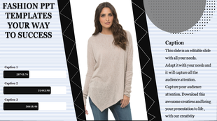 Fashion slide featuring an image of a woman wearing a sweater, with three sections displaying numerical data and captions.