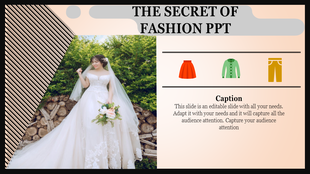Fashion slide features a bride in a white gown and icons of clothing items like a skirt, jacket, and pants.