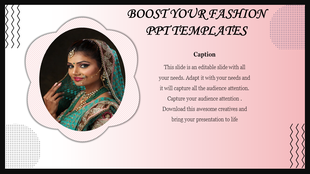 Fashion slide with ornate frame photo in pink gradient background, decorated with zigzag and dotted patterns.