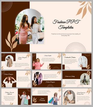 Slide deck in brown and beige tones, featuring sections on designers, icons, and fashion capitals across the world.