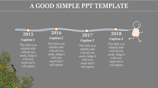 Timeline slide with a wavy line connecting years, captions under each year, and a running stick figure illustration.