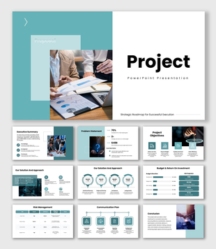 Project plan slides, teal-white theme, team chart image, shapes, icons, and clean structured text boxes layout.