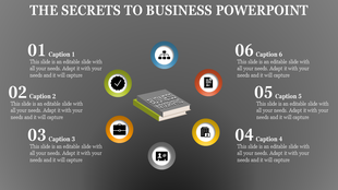 Business PowerPoint slide with colorful icons and a book graphic with captions and placeholder text.