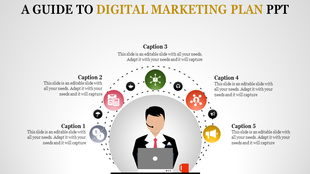 Illustration of a businessperson with a laptop, surrounded by five circular icons representing digital marketing elements.