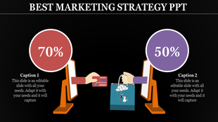 Hands extending from monitors exchanging payment and purchase, featuring 70% and 50% statistics.