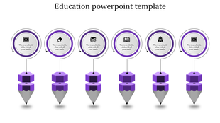 Purple themed education PowerPoint template with six pencil models each connected with circles and placeholder text.