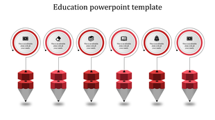 Education infographic with red pencil-shaped elements supporting circular icons for various academic and learning themes.