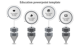 Four interconnected steps with circular icons and gray pencil visuals, highlighting education related content.