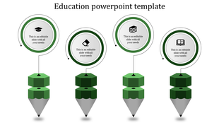Education slide with icons representing academic elements, including a graduation cap, books, and a pencil design.