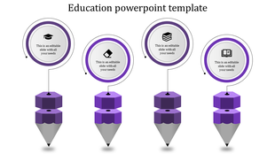 Education purple pencil infographic PowerPoint template featuring icons for graduation, a file, books, and a notebook.