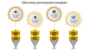 Education template featuring four circular icons atop yellow pencil shapes, aligned horizontally with captions.