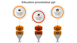 Education themed slide showing three pencils in orange, linked to circular frames with icons on a white background.