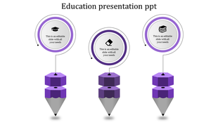 Education pencil infographic PPT slide featuring purple icons of a graduation cap, a file, and books with placeholder text.