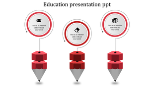 Three red pencil shaped designs with circular icons above, showcasing education themed symbols and text areas.