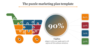 Shopping cart shaped puzzle design in green, blue, orange, and red pieces, with a circular percentage chart.