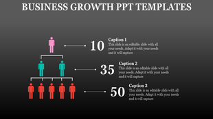 Business growth slide shows a pyramid structure with different levels of people represented with captions on a dark theme.