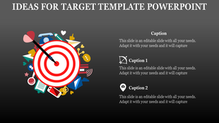 Red dart target hitting a bullseye surrounded by icons representing various concepts, such as books and gears.
