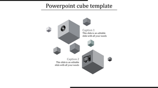 3D infographic slide with gray cubes illustrating two concepts using icons and text in a clean layout.