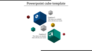 Two large cubes in blue and teal with icons, surrounded by smaller multicolored pieces, with captions next to each.